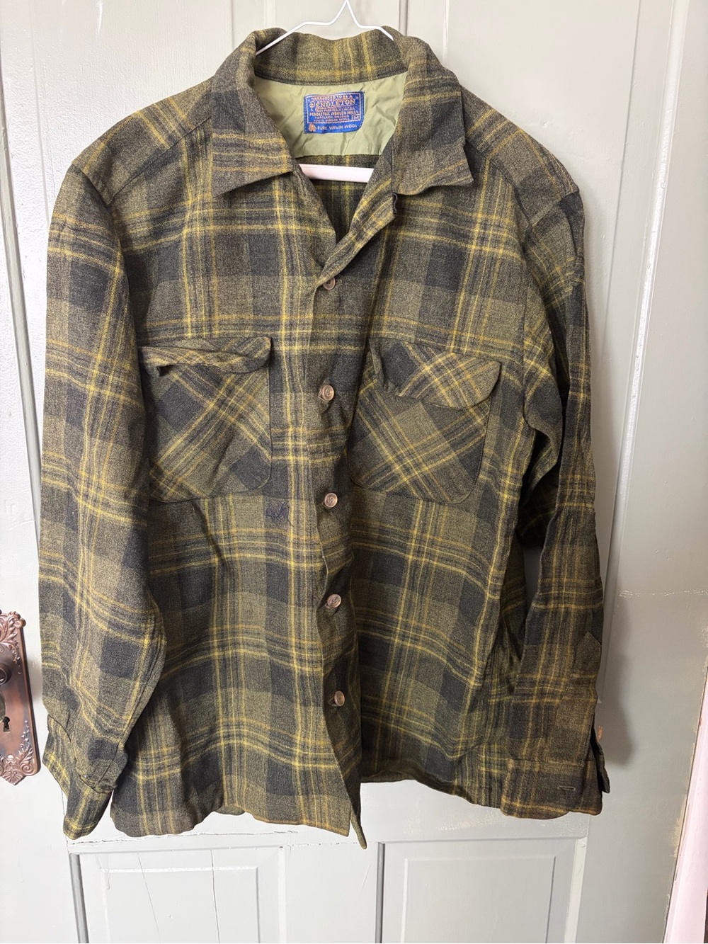 Vintage 1950’s Pendleton Olive & Yellow Plaid Wool Button-Up Shirt Jacket USA